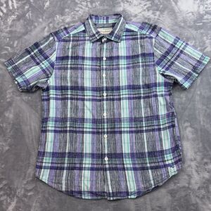 Tommy Bahama Purple Plaid Short Sleeve Cotton Button Up Shirt Size Medium
